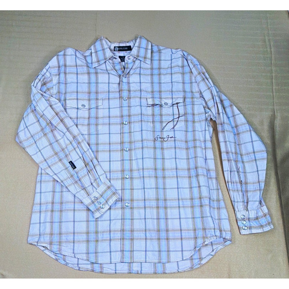 Sean John Mens L Woven Plaid Long Sleeve Pearl Snap Button Up Shirt White Tan